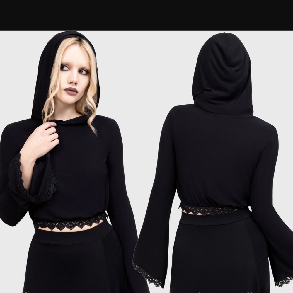 Killstar Black Hooded Crop Top with Lace Trim